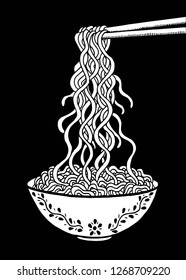 Doodle noodle at bowl and stick. hand drawing