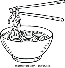 Doodle Noodle At Bowl And Stick. Hand Drawing Illustration.