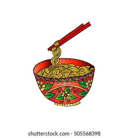 Doodle Noodle at bowl and stick. Hand drawing illustration.