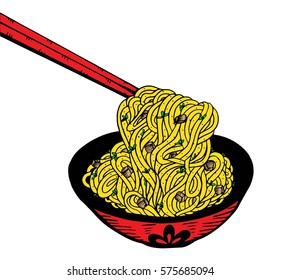 doodle Noodle at bowl and stick. hand drawing