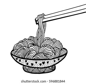 doodle Noodle at bowl and stick. hand drawing