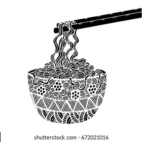 Doodle Noodle at bowl and stick. hand drawing