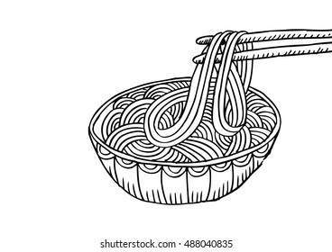 Doodle Noodle at bowl and stick. Sketchy style.
