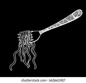 Doodle Noodle at fork. hand drawing