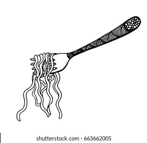 Doodle Noodle at fork. hand drawing