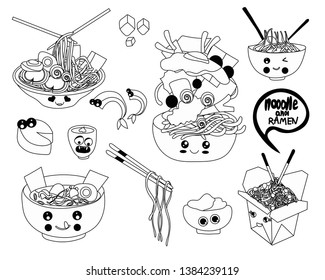 Doodle noodle and ramen. Hand drawn vector. All elements are isolated. Transparent background