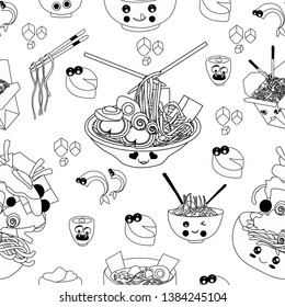 Doodle noodle and ramen.Hand drawn vector seamless pattern.Transparent background