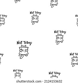 Doodle not today cat. Kitten is hiding behind a large pillow. Black line sketch art icon. Cute cartoon kids design. Outline drawing logo minimal style.