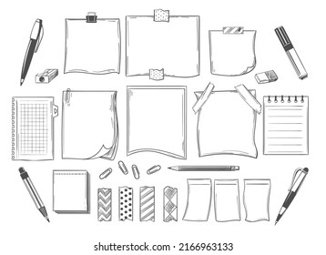 Doodle note papers. Post stickers sketch, memo tape doodles, office notes drawings, paper memos isolated vector frames