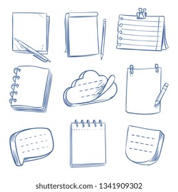 Doodle note. Sketch notebook, memo paper, various document. Hand drawn notepads vector set