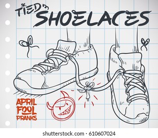 Doodle in a notebook paper with funny prank for April Fools' Day: tied shoelaces prank.