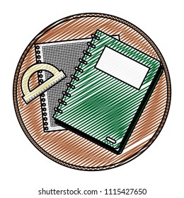 doodle notebook with paper and protractor ruler in table