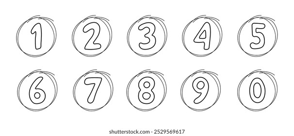 Doodle number, set numeric outline comic figure. 1 to 0 hand drawn numbers. Sketch marker stroke.