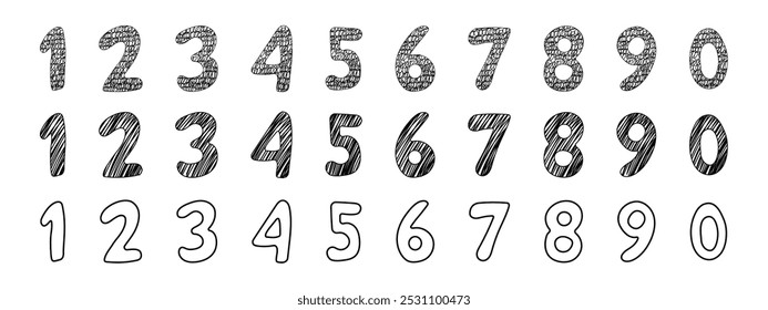 Doodle number, set numeric outline comic figure. 1 to 0 hand drawn numbers. Sketch marker stroke.