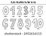 Doodle numbers 0-10 black and white  educational set for kids. Collection outline numbers in cartoon style. Educational clipart. One, two, three, four and others. Vector illustration