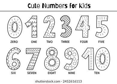 Doodle numbers 0-10 black and white  educational set for kids. Collection outline numbers in cartoon style. Educational clipart. One, two, three, four and others. Vector illustration