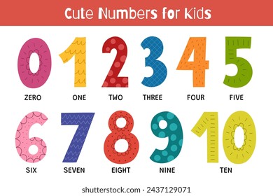 Doodle numbers 0-10 educational set for kids. Collection of colorful numbers in cartoon style. Educational clipart. One, two, three, four and others. Vector illustration