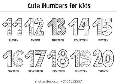 Doodle numbers 11-20 educational set for kids. Collection of black and white numbers in cartoon style. Poster in outline for school and preschool. Vector illustration