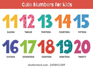 Doodle numbers 11-20 educational set for kids. Collection of colorful numbers in cartoon style. Educational poster for school and preschool. Vector illustration