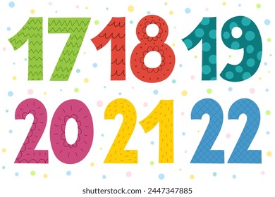 Doodle numbers 17-22 educational set for kids. Collection of colorful numbers in cartoon style. Educational clipart. Vector illustration