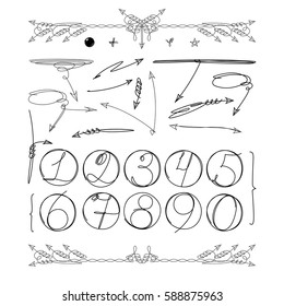 Doodle numbers in circle and other graphic elements for your infographic design. Hand drawn info objects isolated on white background. Vector illustration
