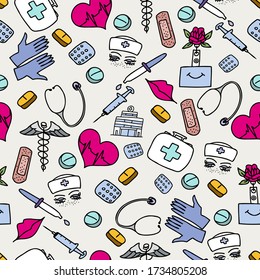 Doodle nurse essential workers related seamless pattern. Color medicine occupation related hand drawn icons. Vector stock illustration in cartoon style. 