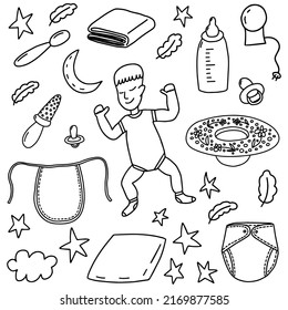 Doodle nursery baby elements set. Hand drawn vector baby objects isolated