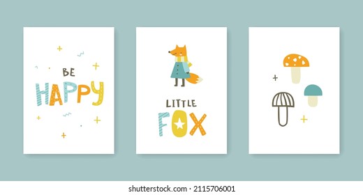 Cartel de vivero Doodle con zorro y texto. Colección de naipes adorables con letras. 