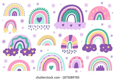 Doodle nursery rainbows. Hand drawn Scandinavian style rainbows for Baby shower, children's party.  cute pastel color rainbow vector symbol  set. Arc weather drawing, childish rainbow collection illustration