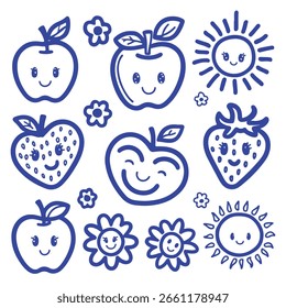 Doodle nuvens con caras sonrientes corazón y paquete de iconos de flores en el arte infantil estilo scrapbook