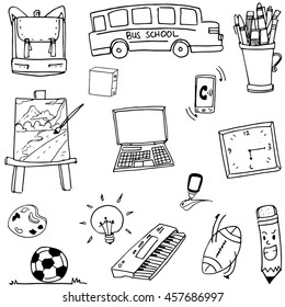 Doodle of object school bus laptop ball illustration
