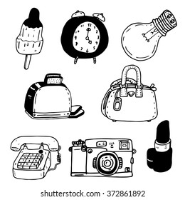 Doodle objects black and white vector collection