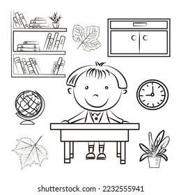 Doodle of objects from a child's life, black and white outline.  At school.