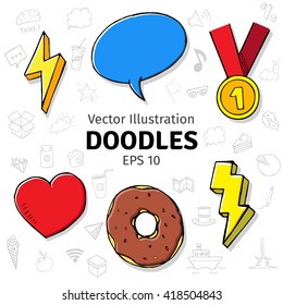 Doodle objects with inscription, vector hand drawn illustration, eps 10