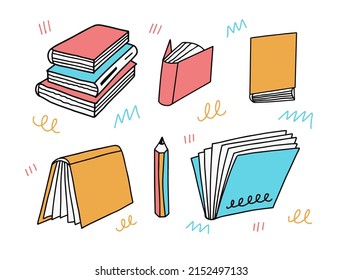 Doodle objects school books education elements set. Colorful books vector illustration isolated on white background.