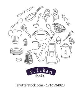  Doodle objects tableware. A set of kitchen utensils and appliances in the shape of a circle. Template, banner for design on the theme of cooking