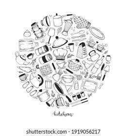 Doodle objects tableware. A set of kitchen utensils and appliances in the shape of a circle. Template, banner for design on the theme of cooking. Set of hand drawn sketched kitchen staff. 