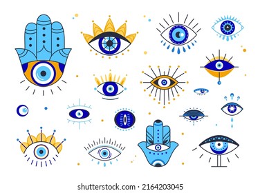 Doodle occult eyes. Tribal esoteric line eye, tattoo stencil. Greek or turkish protection ethnic symbols. Magic spiritual art elements, mystical classy vector set