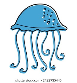 Doodle Ocean jellyfish. Marine underwater sea Animal, creature with tentacles Vector Isolated Illustration. Cute Outline jelly fish animal medusa, aquatic undersea Design element for Logo, Card, Flyer