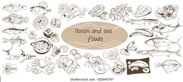 Doodle ocean and sea food set with fishes shrimps caviar octopus crab lobster sushi isolated vector illustration