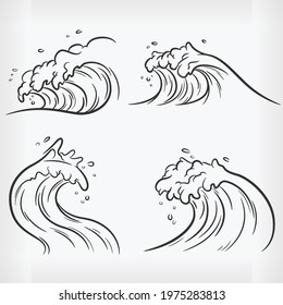 Doodle Ocean Wave Handdrawn Outline Sketch Beach Vector Drawing