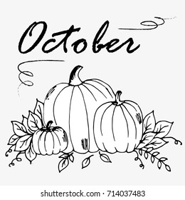 Doodle Oct pumpkins and leaves and the words October