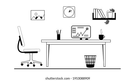 Doodle office. Black and white vector image of a room for working on a laptop. Image in rows. Background for doodle videos. Sketch of an office or work area. Coloring pages for kids.
