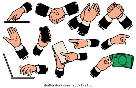 Doodle office hand gesture and pose. Hand drawing of communication of business symbols. Vector illustration colorful cartoon style.