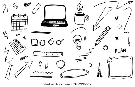 Doodle office line scribble, arrows light bulb, school. Sketch set, cute isolated collection for business.