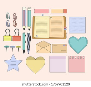Doodle office pack. Set has planner, colorful notes, bookmarks, paper clips, pens and pencils