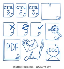 Doodle office paper vector icons with function symbols update, paste, cut, copy, send, delete and edit vector hand drawn set isolated. Illustration of move file with ctrl buttons