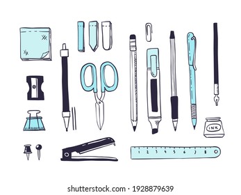 Doodle office supplies. Colored sketch of school and office stationery with pen pencil marker sticker ruler scissors. Vector set