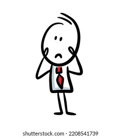 Doodle office worker in costume and red tie with  unhappy face. Wondering stickman vector illustration.