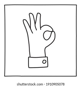 Icono de Doodle OK. Símbolo de gesto dibujado a mano. Elemento de diseño gráfico de estilo de arte de línea. Aprobación, voto, amor, gesto favorito concepto. Ilustración del vector